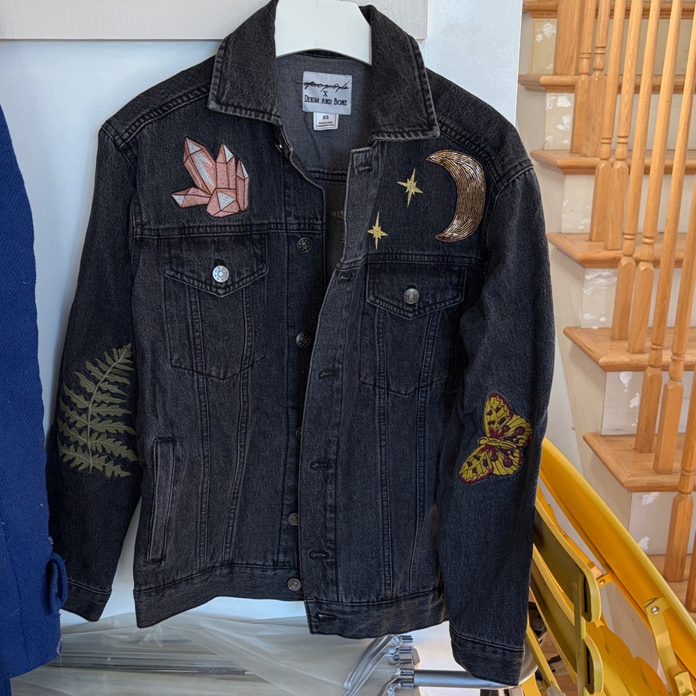 Coveted Free People Jean Jacket with Embroidery and Beadwork XS